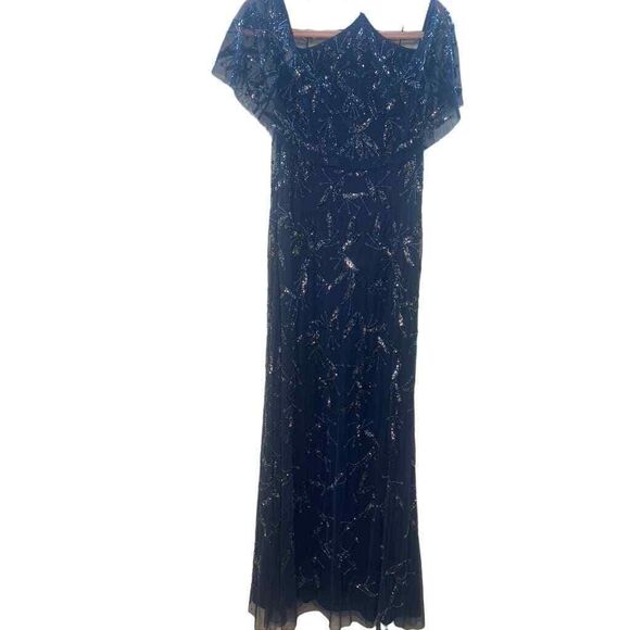 AIDAN MATTOX WOMENS 10 BLUE SQUINE OFF THE SHOULDER MAXI BALL GOWN BACK ZIP - Picture 1 of 5